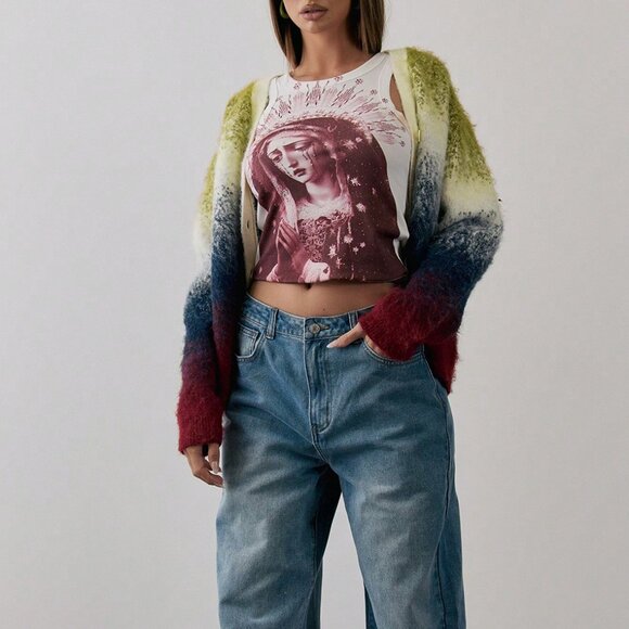 Multicolor Casual Women's Gradient Knit Oversized Cardigan - Picture 4 of 6